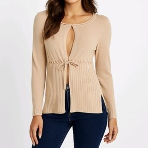 Willi Smith Sweater Tan Knit Cardigan Ribbon Tie Front Long Sleeve Size …